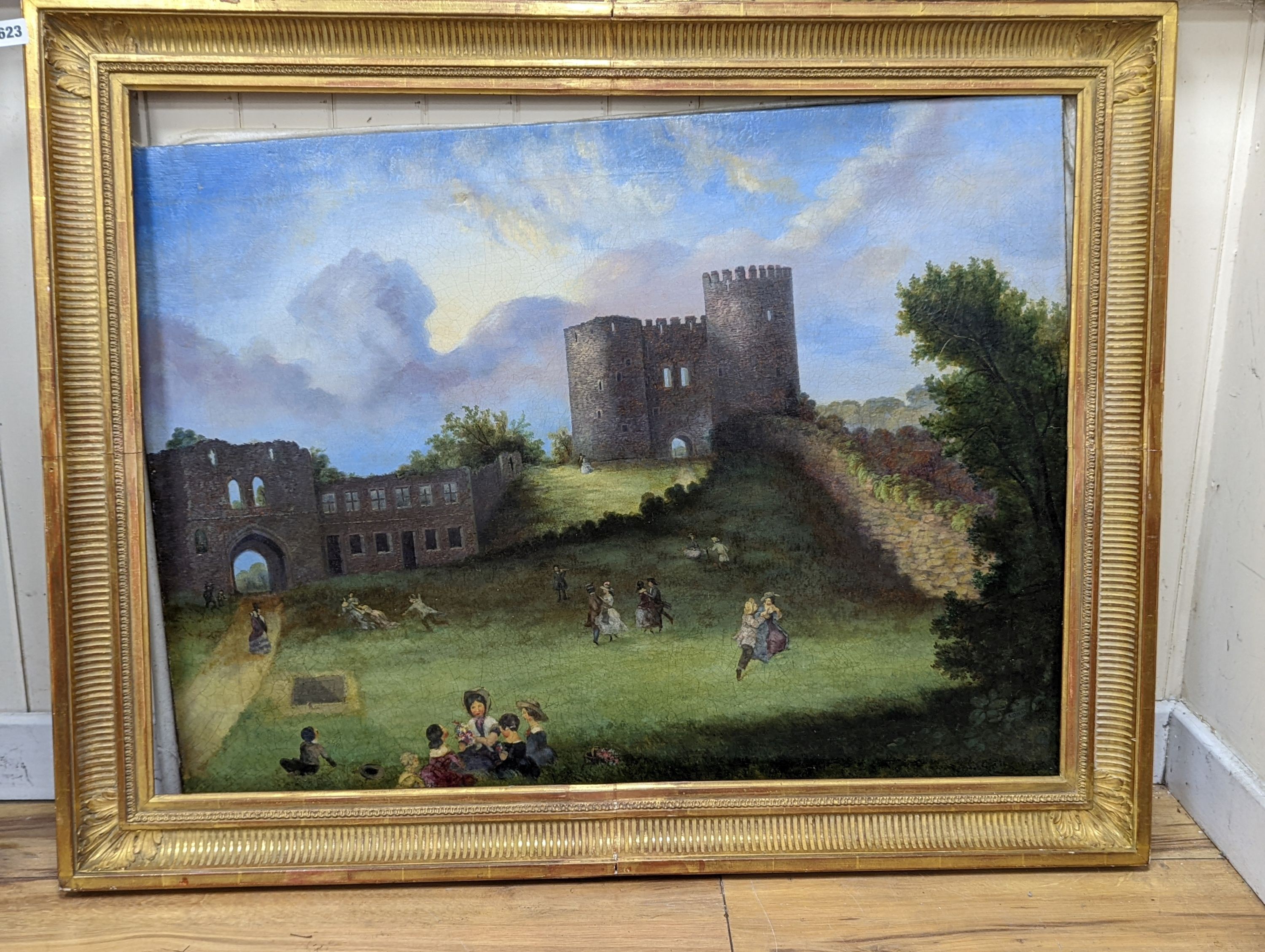 English School, oil on canvas, Figures dancing before castle ruins, 68 x 90cm